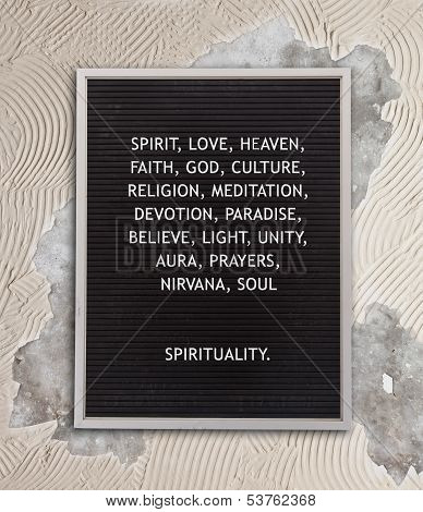 Spirituality Concept In Plastic Letters On Very Old Menu Board