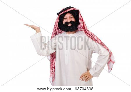 Funny arab man hoding hands  isolated on white