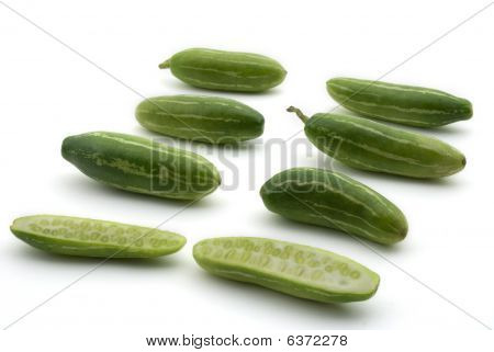Tindora / Coccinia 그 랜 디스 아이비 박 흰 배경에 고립 /