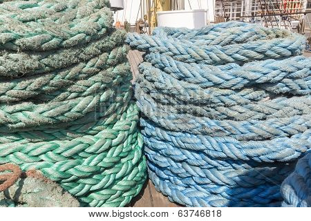Thick Ropes On A Wooden Sailing Ship Floor