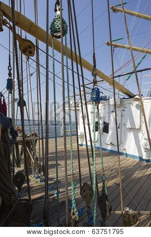 Sea Hemp Ropes And Pulleys On The Old Nautical Vessel