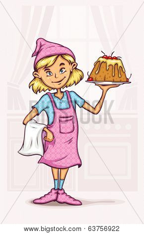 little girl cooking sweet cake at the kitchen. Rasterized illustration.