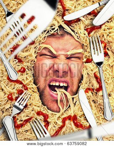Man's face in pasta, closeup