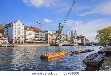 Zurich cityscape with a dockside crane