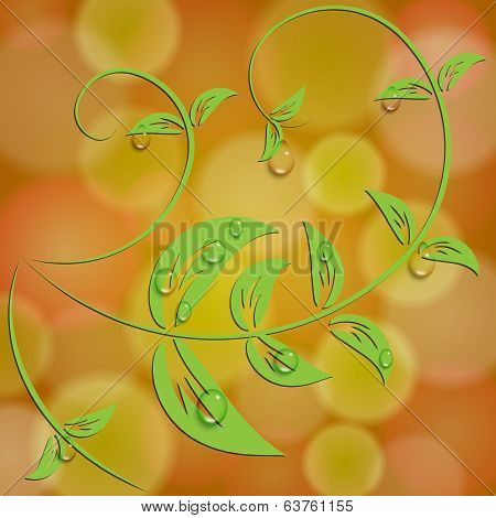 Vector abstract orange background with bokeh light effects and leaves