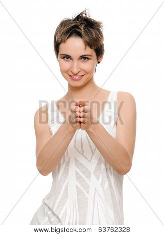 woman pointing her arms at you