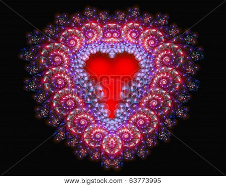 Red heart framed prints and glitter, radiates love melts the ice around. Fractal art graphics
