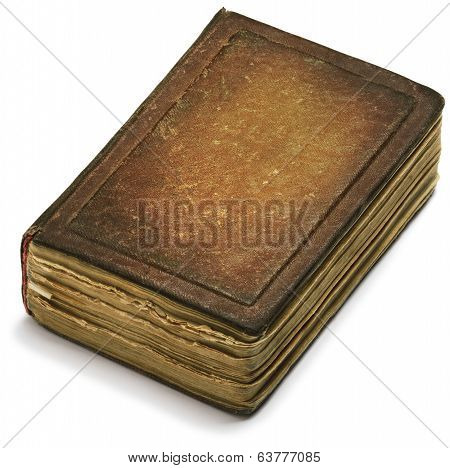 Old Book Yellow Paper Over White Background. Weathered Ancient Pages, Aged Cover.