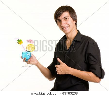 Young bartender with a shaker and bottle on white background