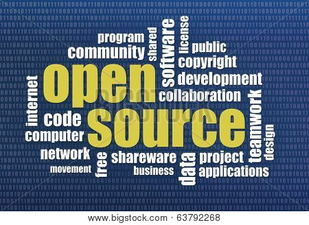 software development concept - open source word cloud on a binary computer screen background