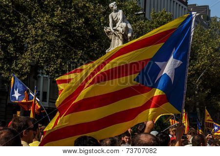 Barcelona, Spain - Sept. 11: People Manifesting Ingependence Of Scotlandon And Catalonia At The Strr