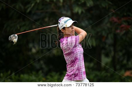 KUALA LUMPUR, MALAYSIA - OCTOBER 11, 2014: Beatriz Recari of Spain tees off at the fourth hole of the KL Golf & Country Club during the 2014 Sime Darby LPGA Malaysia golf tournament.