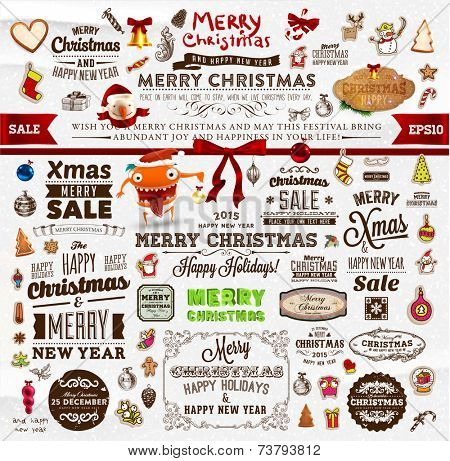 Christmas Decoration Collection | Set of Calligraphic and Typographic Elements, Frames, Vintage Labels. Ribbons, Stickers, Garland, Gifts, Wreath, Santa Claus, Xmas Tree and Balls. Holiday Design 