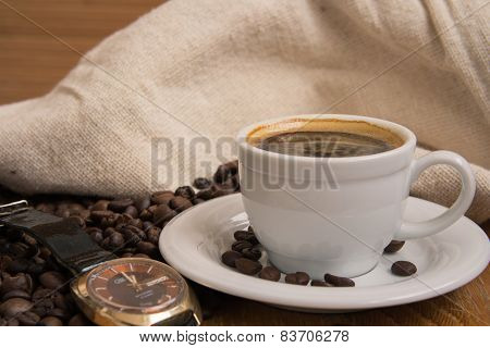 Coffee In White Cup And Watches