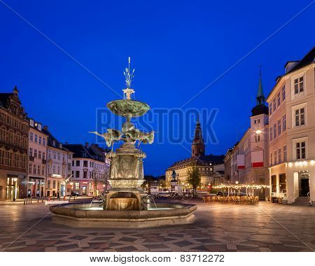Amagertorv Square And Stork Fountain In The Old Town Of Copenhagen, Denmark