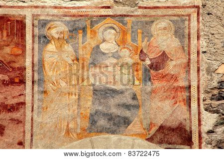 Religion Medieval Fresco On The Church Wall In Bormio, Italy