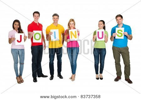 Multiethnic Group Of People Making Word Join Us