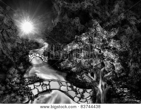 forest bw painting and jungle digital art