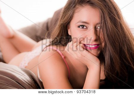 Hispanic model posing in lingerie