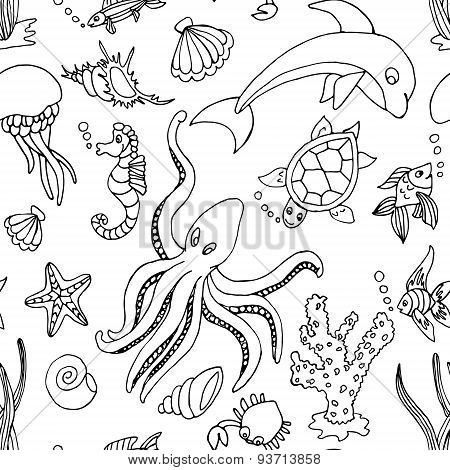 Hand Drawn Seamless Pattern With Different Sea Creatures