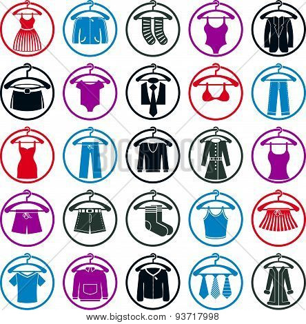 Clothes on hangers icon set, vector collection of fashion signs.