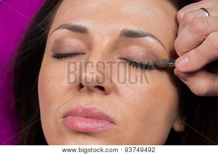 Work of make-up artist. Makeup artist apply makeup on the face of the girl model.