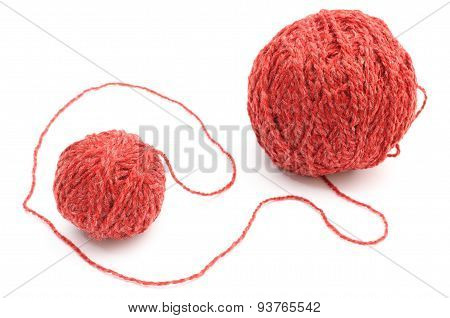 Closeup Of Red Small And Big Wool Ball. White Background