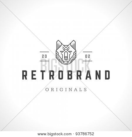 Wolf face logo line art emblem template mascot symbol for business or shirt design. Vector Vintage Design Element.