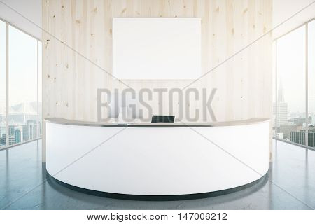 Modern white reception desk with blank banner in interior with wooden wall shiny floor and panoramic windows with city view. Mock up 3D Rendering