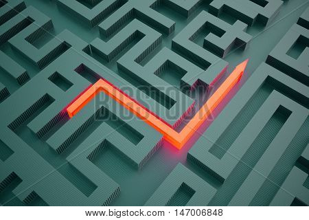 Top view of illuminated red arrow going through abstract dark maze. Success concept. 3D Rendering