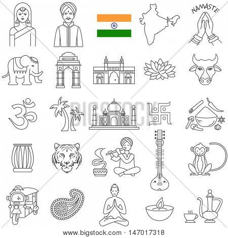 India  travel  line icons and culture symbols. Vector set