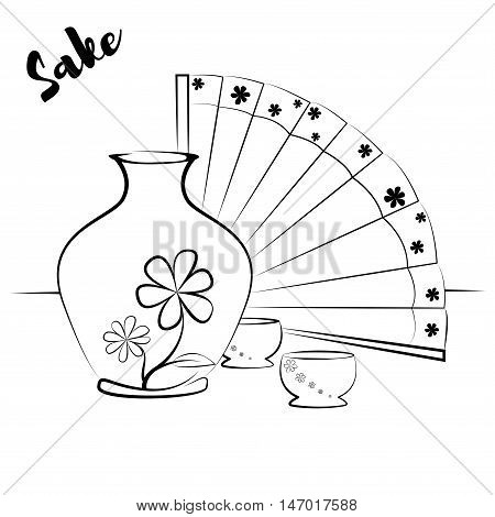 Sketch bottle of sake two small cups of sake. Vector illustration.