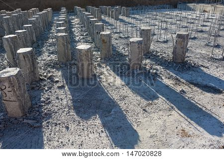 Reinforced concrete piles on the construction site