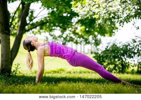 Healthy life exercise concept - Woman doing Hatha yoga asana Purvottanasana plank pose outdoors
