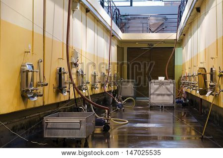 Bulgarian winery and stainless steel fermentation vessels
