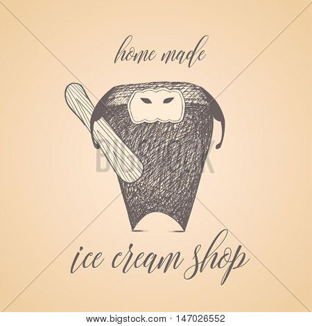 Ice cream vector logo sign emblem illustration. Original design element with graphic chocolate ice cream character with the stick as a board for menu tshirt poster