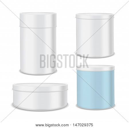 Round metal can for food cookies and gifts. Isolated on white background.