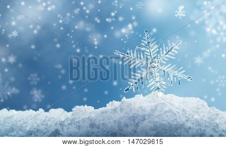 Macro snowflake and fallen defocused snowflakes on blue background - 3D Rendering