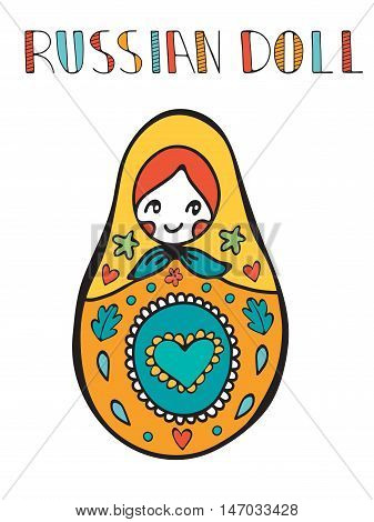 Colorful card with cute russian doll. Illustration in vector format