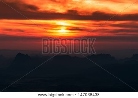 Bright and colorful high mountain landscape at sunsire. Captured at the Phukradung National park Thailand.
