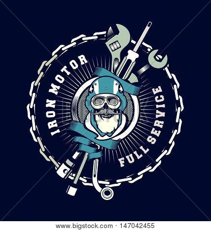 vector emblem garage skull helmet around tools