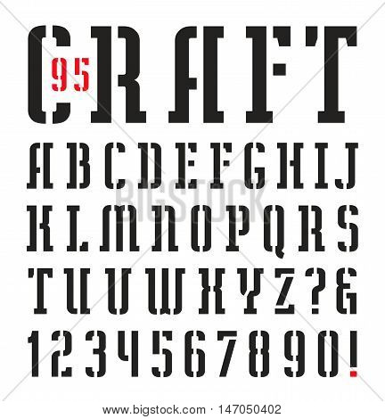 Narrow stencil-plate serif font. Bold face. Black print on white background