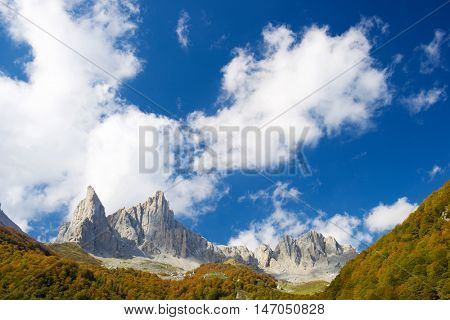 Peaks in Lescun Cirque. On the left Petite Aiguille Ansabere and to the right Grand Aiguille Ansabere. Aspe Valley, Pyrenees, France.
