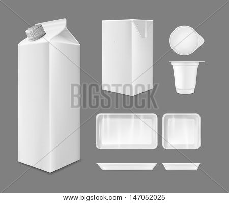 Big vector set of white cardboard packages and plastic containers.