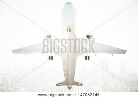 Bottom view of airplane on abstract New York city background. 3D Rendering. Double exposure