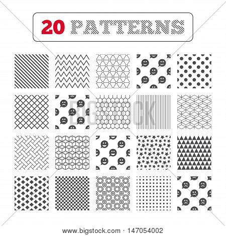 Ornament patterns, diagonal stripes and stars. Speech bubble smile face icons. Happy, sad, cry signs. Happy smiley chat symbol. Sadness depression and crying signs. Geometric textures. Vector