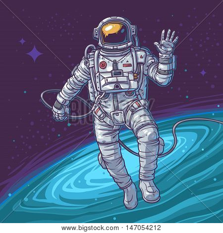 Vector illustration cosmonaut on the cosmic background. Astronaut waving hand