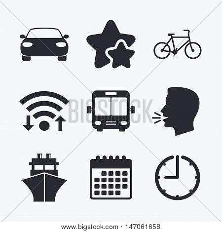 Transport icons. Car, Bicycle, Public bus and Ship signs. Shipping delivery symbol. Family vehicle sign. Wifi internet, favorite stars, calendar and clock. Talking head. Vector