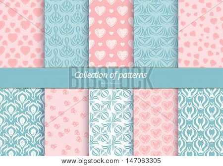 Set of seamless patterns. Romantic background with pastel colors. Backdrop with hearts and stylized flowers. Delicate ornament for design. Vector illustration.