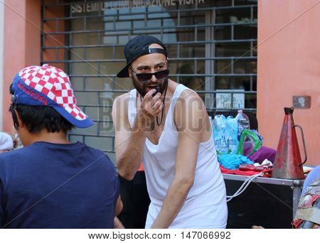 Ferrara, Italia - August 25, 2016: The Ferrara Buskers Festival is dedicated to the art of the street. Konnexion Balkon, are a group of professionally well trained classical musicians, Jazz musicians and non qualified musicians.